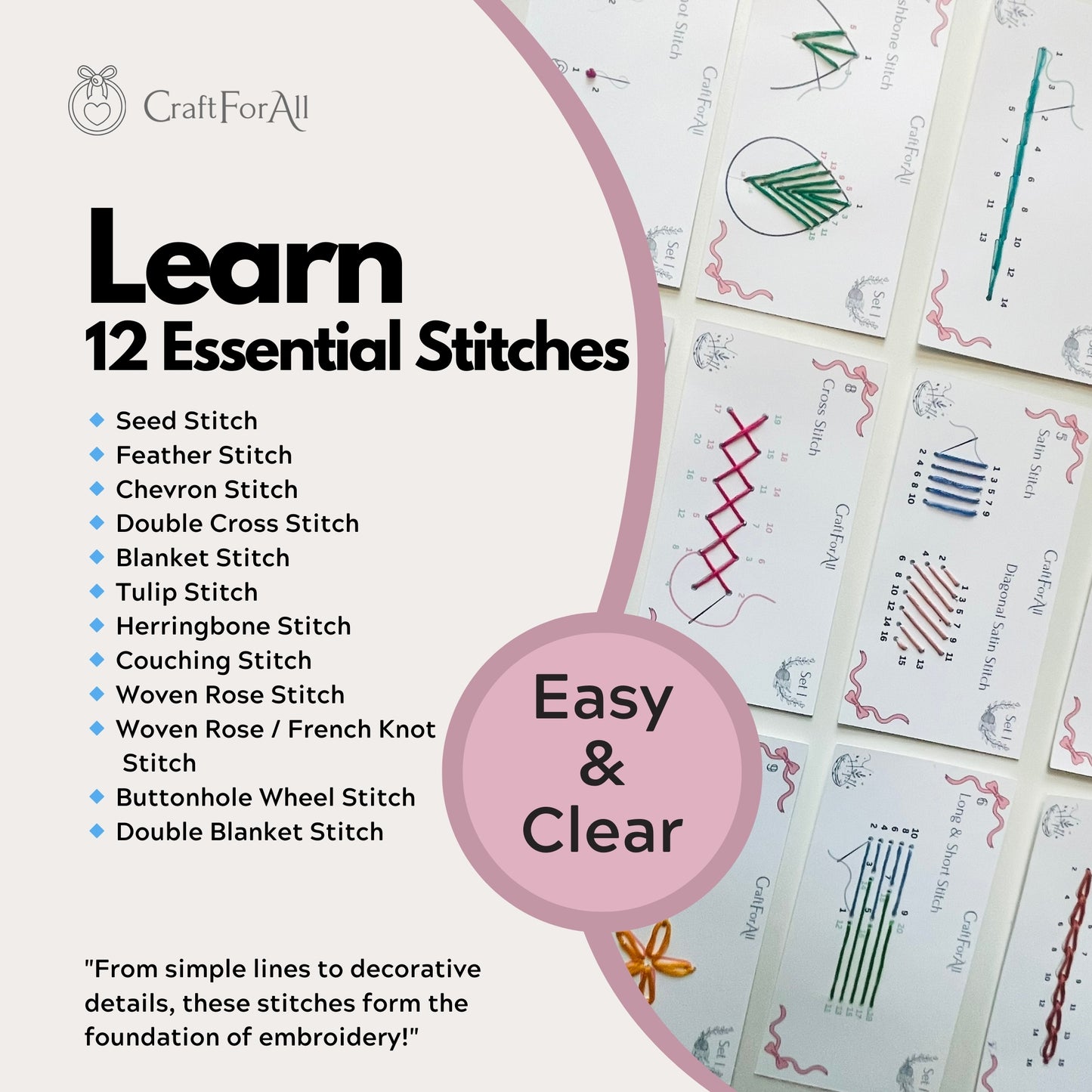 Perforated Embroidery Stitch Cards Starter DIY Kit, Beginner Colored Patterns, Premium Cardstock Cards, Colorful Threads, Tools, Illustrated Step by Step Instructions Handmade Kit Gift for Her (Pink)
