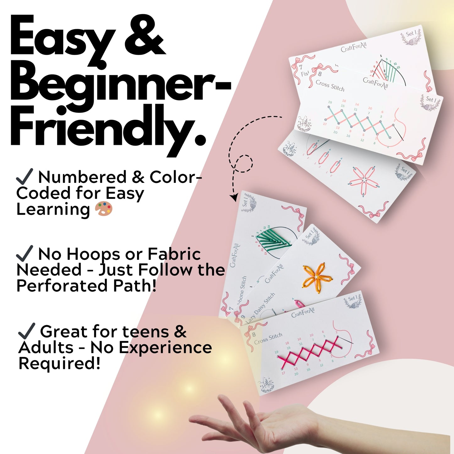 Perforated Embroidery Stitch Cards Starter DIY Kit, Beginner Colored Patterns, Premium Cardstock Cards, Colorful Threads, Tools, Illustrated Step by Step Instructions Handmade Kit Gift for Her (Pink)