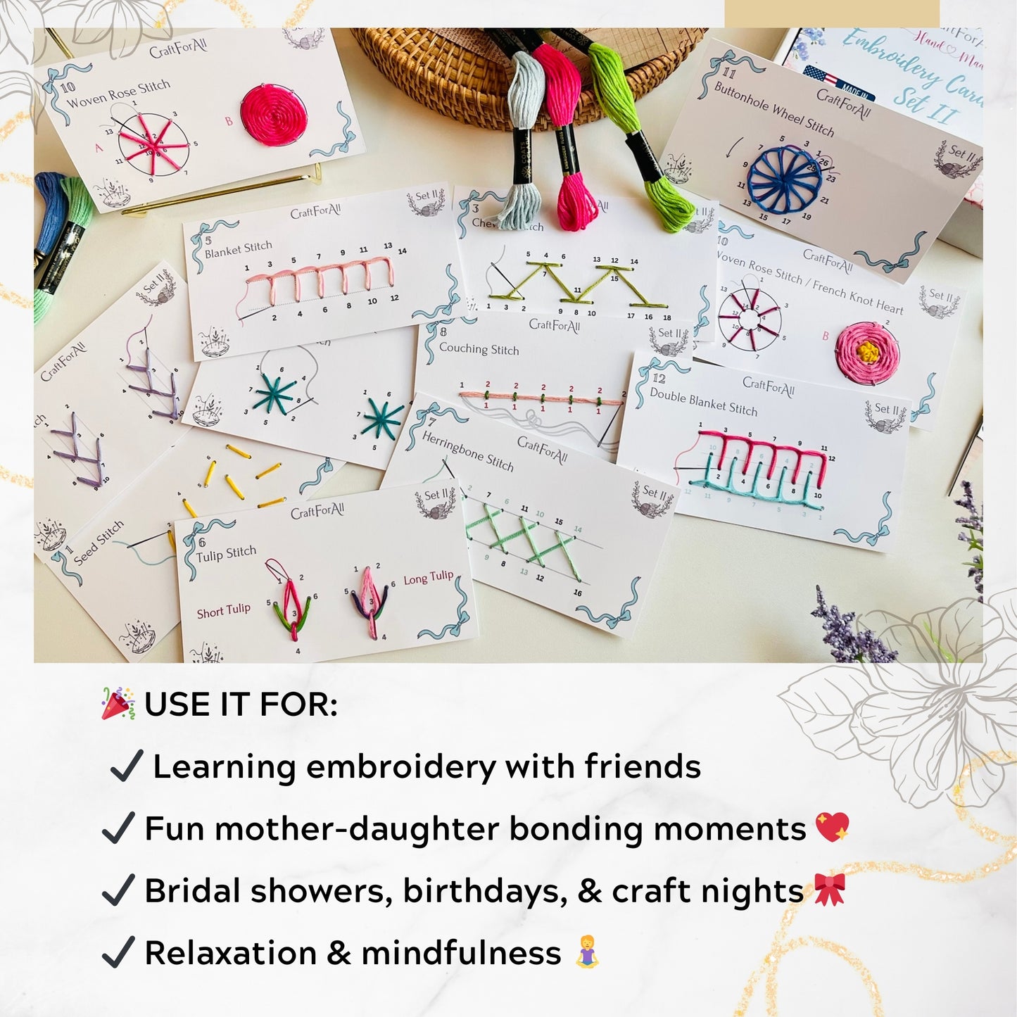 Embroidery Cards Perforated Level 2 Starter DIY Kit | Beginner Colored Patterns, Premium Cardstock Cards, Colorful Threads, Tools, Illustrated Step by Step Instructions | Handmade Kit Gift (Blue)