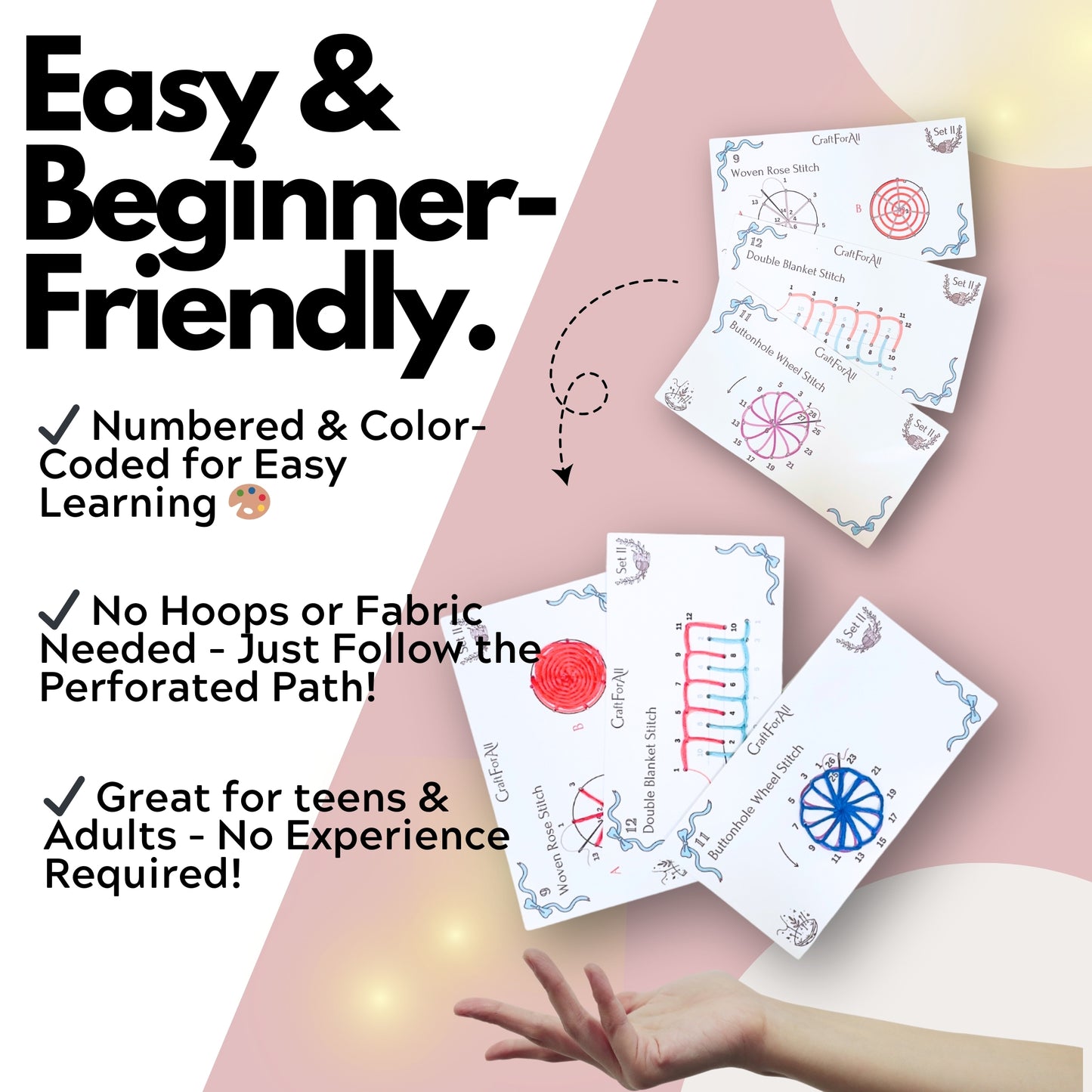Embroidery Cards Perforated Level 2 Starter DIY Kit | Beginner Colored Patterns, Premium Cardstock Cards, Colorful Threads, Tools, Illustrated Step by Step Instructions | Handmade Kit Gift (Blue)