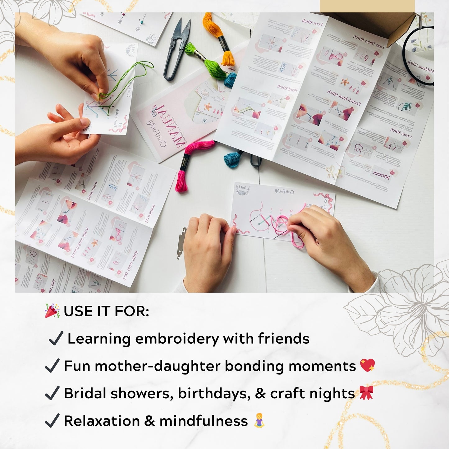 Perforated Embroidery Stitch Cards Starter DIY Kit, Beginner Colored Patterns, Premium Cardstock Cards, Colorful Threads, Tools, Illustrated Step by Step Instructions Handmade Kit Gift for Her (Pink)