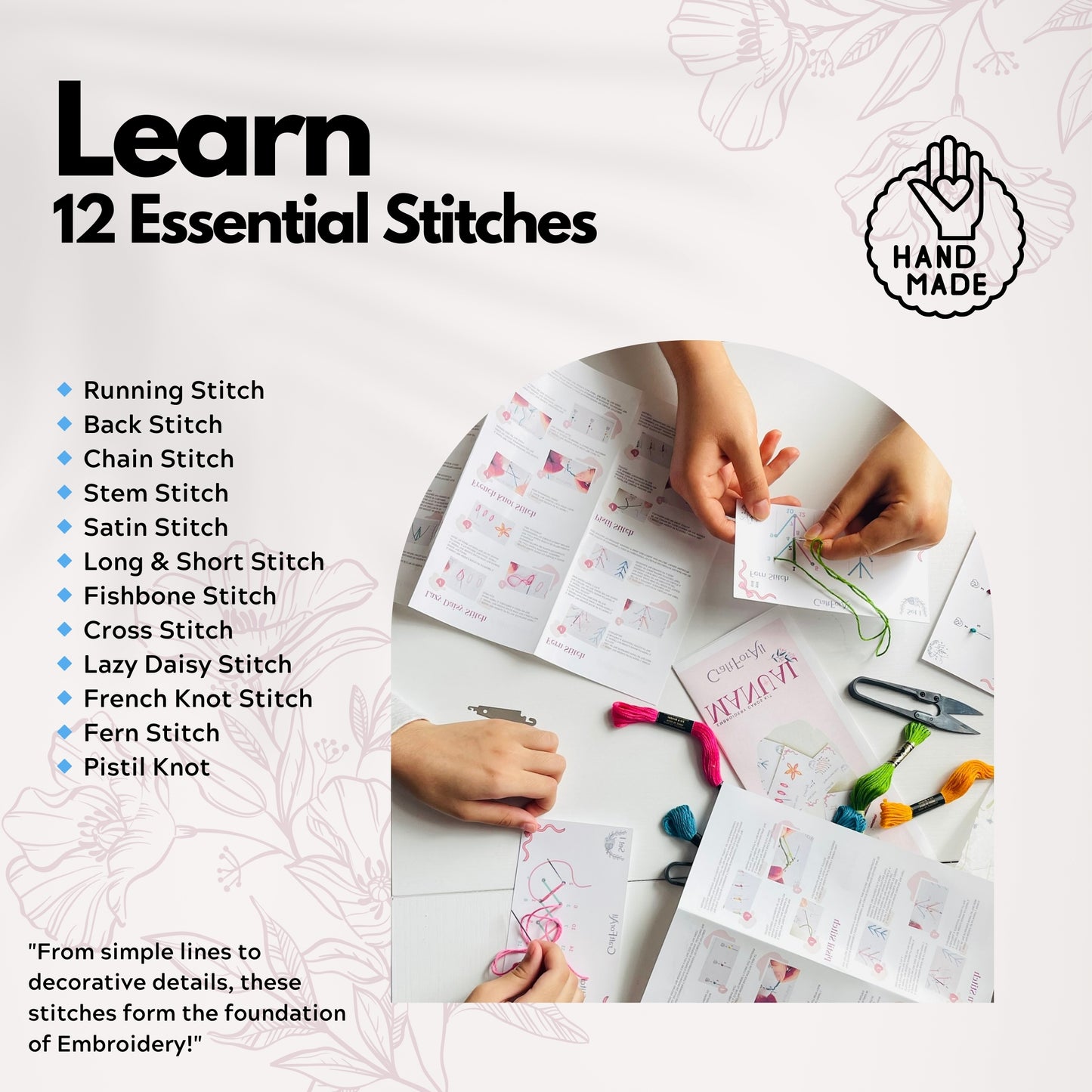 Perforated Embroidery Stitch Cards Starter DIY Kit, Beginner Colored Patterns, Premium Cardstock Cards, Colorful Threads, Tools, Illustrated Step by Step Instructions Handmade Kit Gift for Her (Pink)