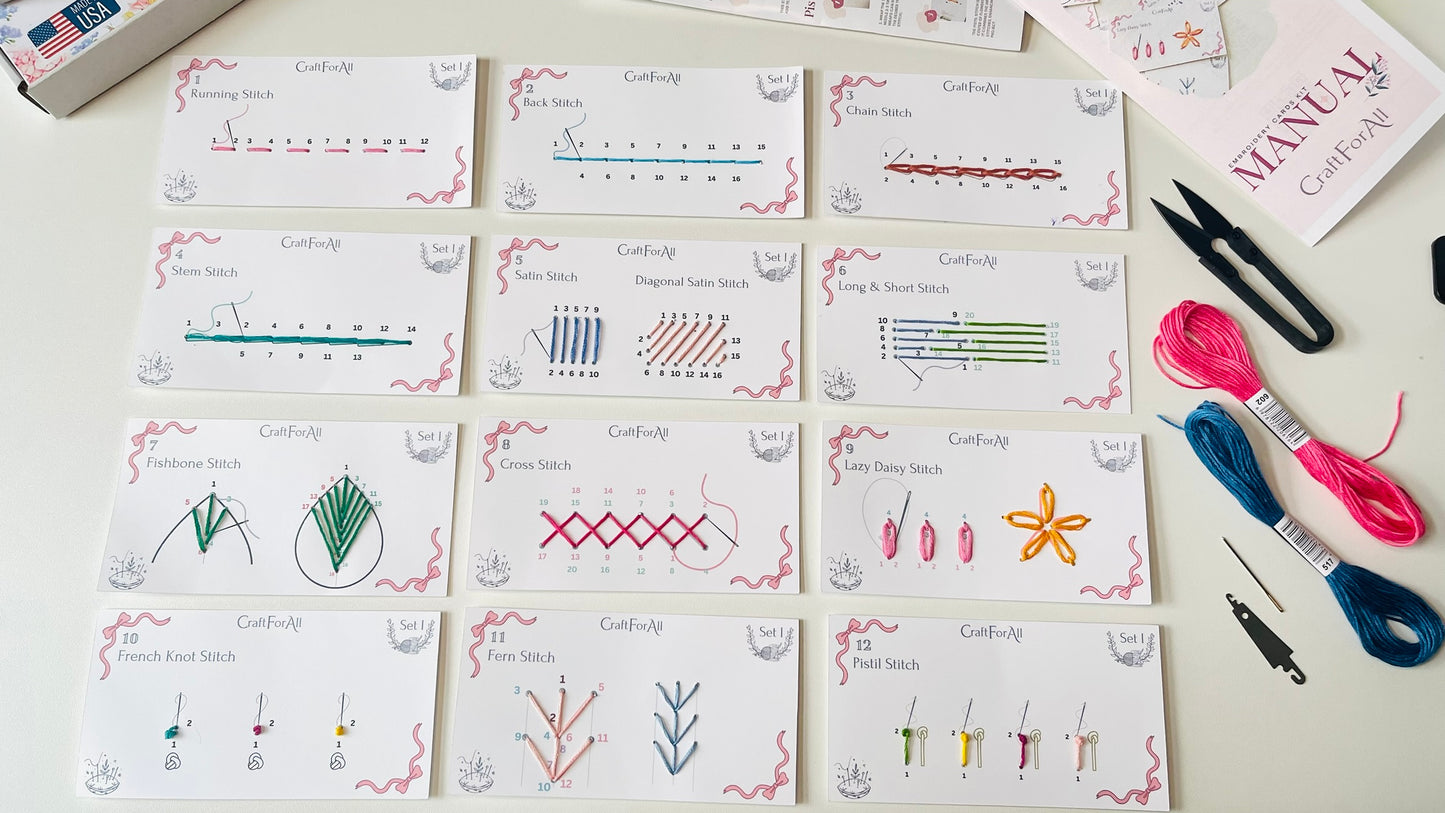 Perforated Embroidery Stitch Cards Starter DIY Kit, Beginner Colored Patterns, Premium Cardstock Cards, Colorful Threads, Tools, Illustrated Step by Step Instructions Handmade Kit Gift for Her (Pink)