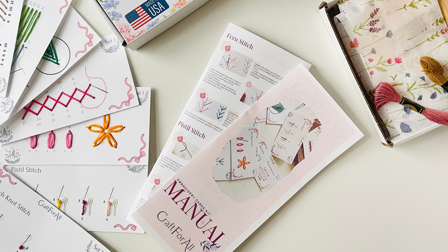 Perforated Embroidery Stitch Cards Starter DIY Kit, Beginner Colored Patterns, Premium Cardstock Cards, Colorful Threads, Tools, Illustrated Step by Step Instructions Handmade Kit Gift for Her (Pink)