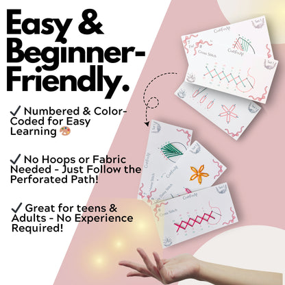 Perforated Embroidery Stitch Cards Starter DIY Kit, Beginner Colored Patterns, Premium Cardstock Cards, Colorful Threads, Tools, Illustrated Step by Step Instructions Handmade Kit Gift for Her (Pink)