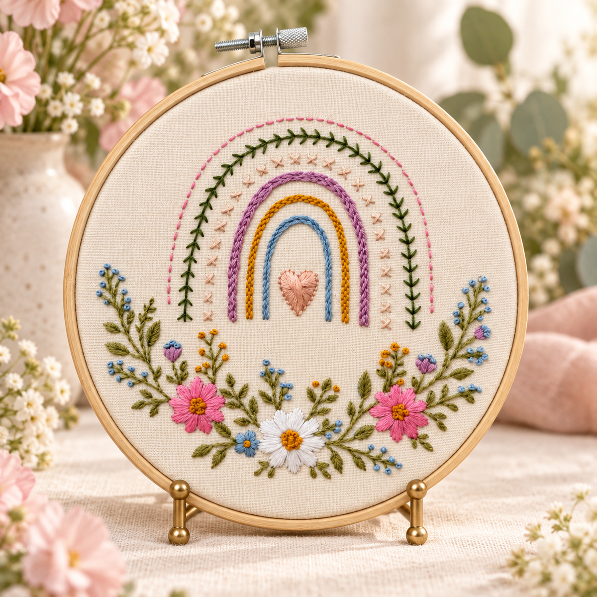Beginner Embroidery Kit, Rainbow & Wildflower Samplers, Learn 13 Stitches, Complete DIY Craft Kit for Adults and Kids