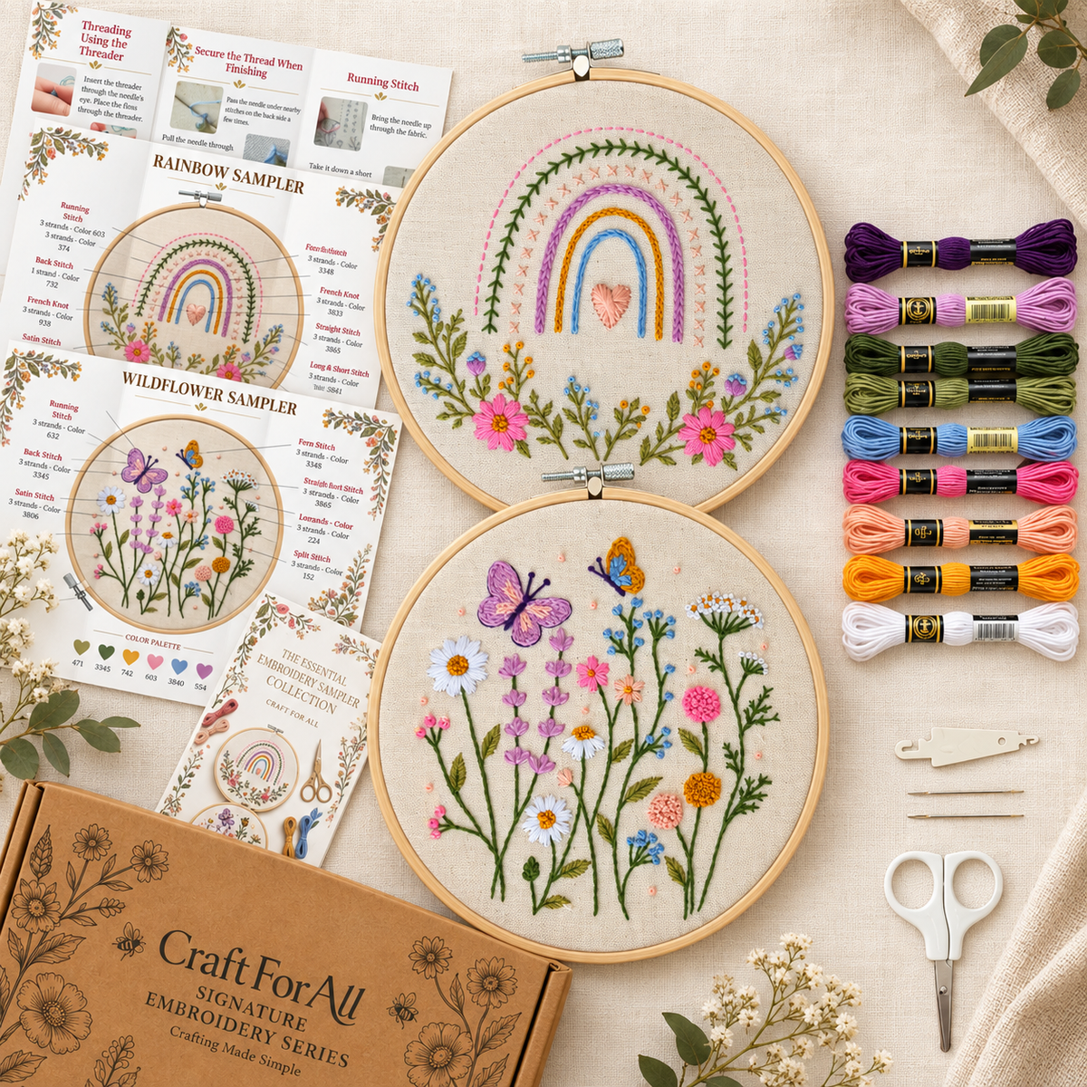 Beginner Embroidery Kit, Rainbow & Wildflower Samplers, Learn 13 Stitches, Complete DIY Craft Kit for Adults and Kids