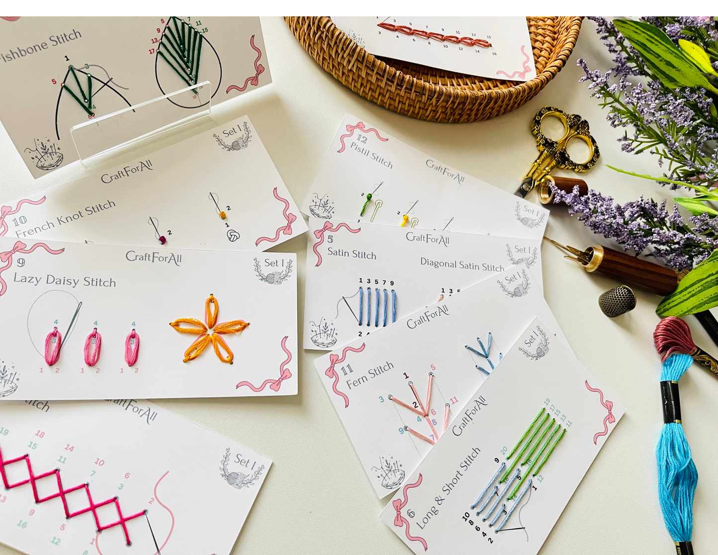 Perforated Embroidery Stitch Cards Starter DIY Kit, Beginner Colored Patterns, Premium Cardstock Cards, Colorful Threads, Tools, Illustrated Step by Step Instructions Handmade Kit Gift for Her (Pink)